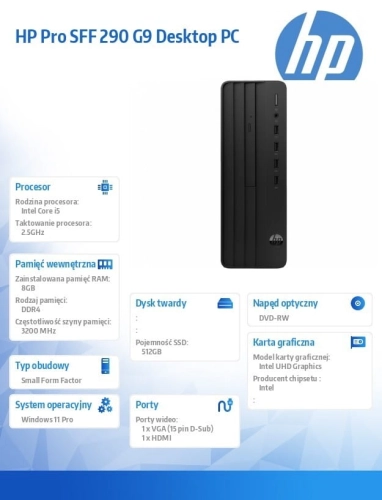 HP Inc. Komputer 290 SFF G9 i5-13500 512GB/8GB/DVDR/W11P  936A1EA